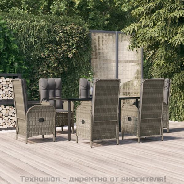 Градински трапезен комплект 7 части с възглавници сив полиратан