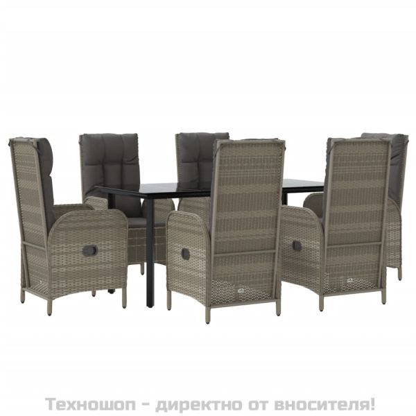 Градински трапезен комплект 7 части с възглавници сив полиратан
