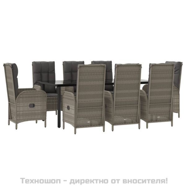 Градински трапезен комплект 9 части с възглавници сив полиратан