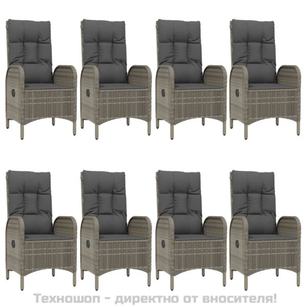 Градински трапезен комплект 9 части с възглавници сив полиратан