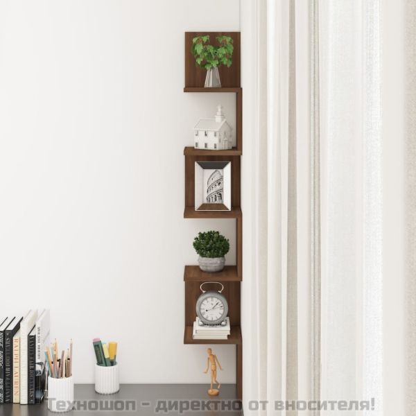 Стенен ъглов рафт, кафяв дъб, 20x20x127,5 см, инженерно дърво