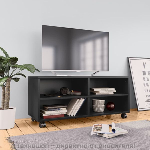ТВ шкаф с колелца, черен, 90x35x35 см, инженерно дърво