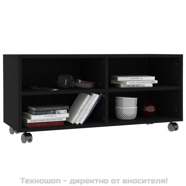 ТВ шкаф с колелца, черен, 90x35x35 см, инженерно дърво
