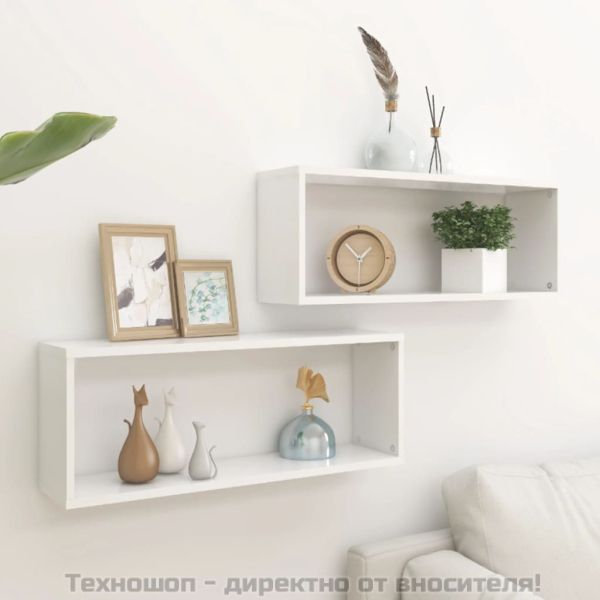 Стенни кубични рафтове, 2 бр, бели, 60x15x23см, инженерно дърво