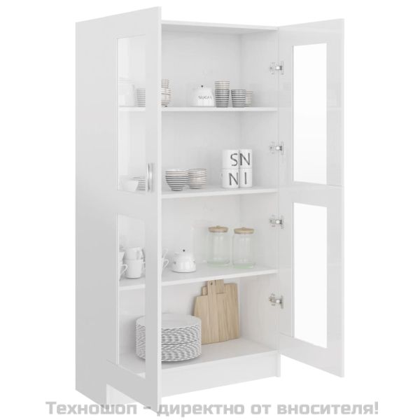 Шкаф витрина, бял гланц, 82,5x30,5x150 см, инженерно дърво