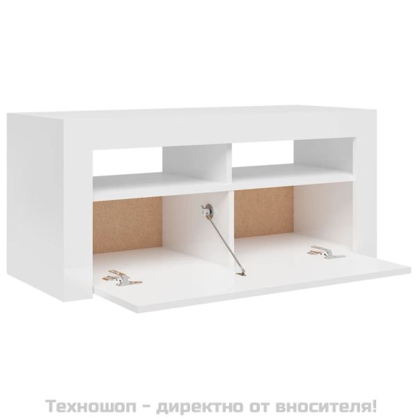 ТВ шкаф с LED осветление, бял гланц, 90x35x40 см