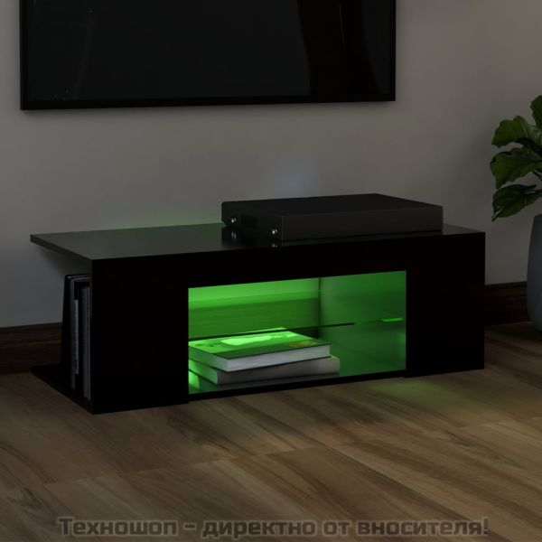 ТВ шкаф с LED осветление, черен, 90x39x30 см