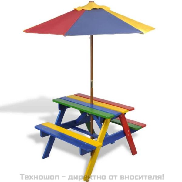 Детска пикник маса с пейки и чадър, многоцветна, дърво
