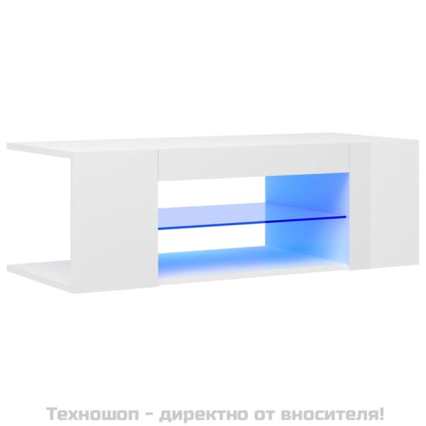 ТВ шкаф с LED осветление, бял гланц, 90x39x30 см