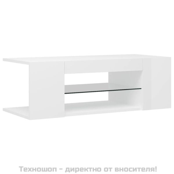 ТВ шкаф с LED осветление, бял гланц, 90x39x30 см