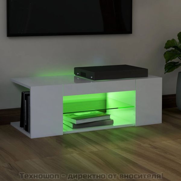 ТВ шкаф с LED осветление, бял гланц, 90x39x30 см
