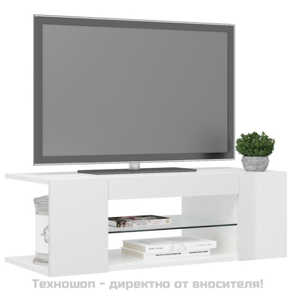 ТВ шкаф с LED осветление, бял гланц, 90x39x30 см
