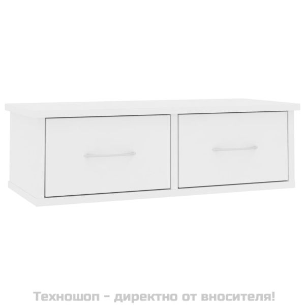Стенен рафт с чекмеджета, бял, 60x26x18,5 см, инженерно дърво
