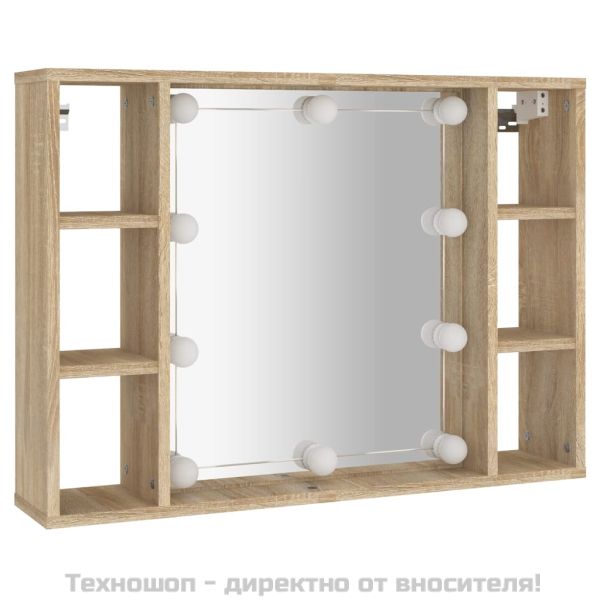 Огледален шкаф с LED, дъб сонома, 76x15x55 см