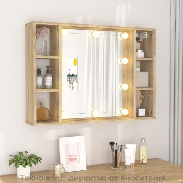 Огледален шкаф с LED, дъб сонома, 76x15x55 см