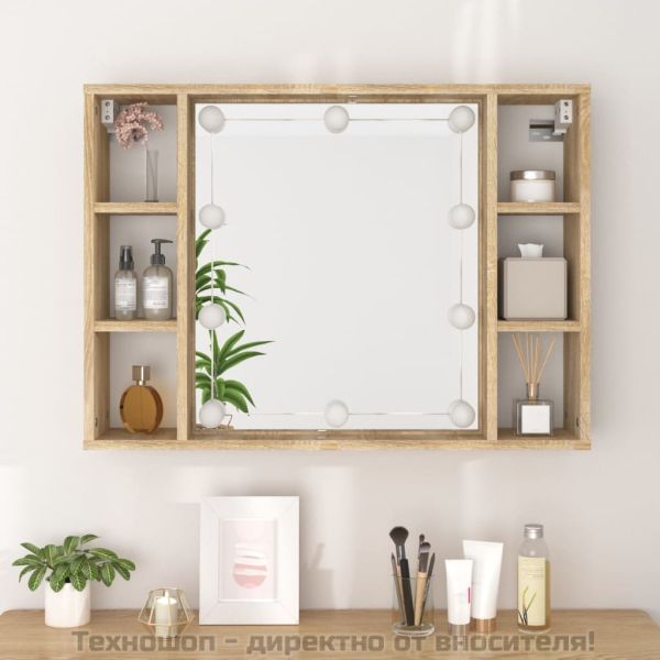 Огледален шкаф с LED, дъб сонома, 76x15x55 см