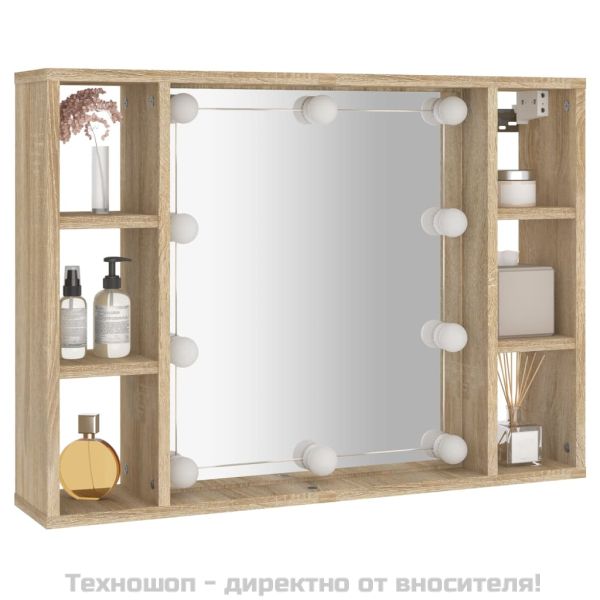 Огледален шкаф с LED, дъб сонома, 76x15x55 см