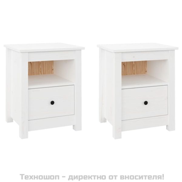 Нощни шкафчета, 2 бр, бели, 40x35x49 см, борово дърво масив