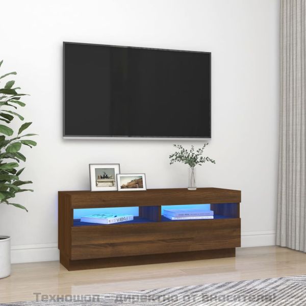 ТВ шкаф с LED осветление, кафяв дъб, 100x35x40 см