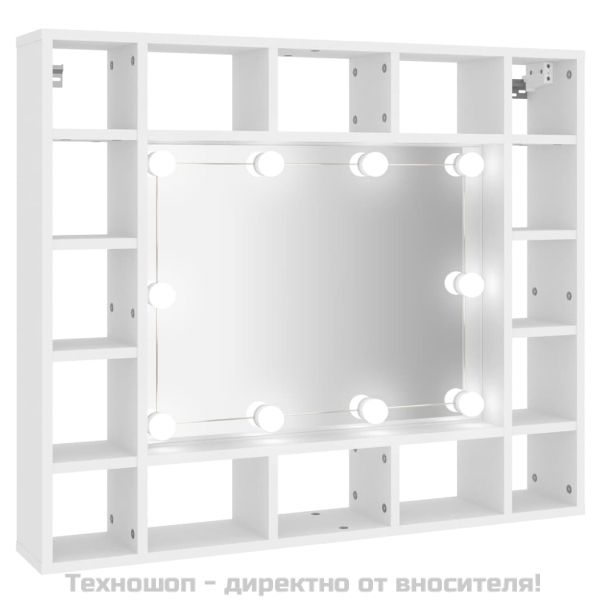 Огледален шкаф с LED, бял, 91x15x76,5 см