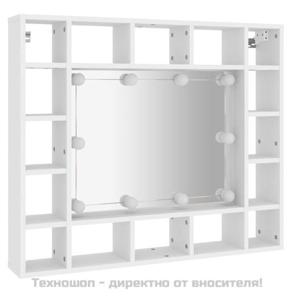 Огледален шкаф с LED, бял, 91x15x76,5 см