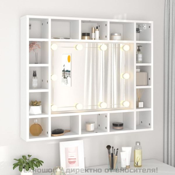 Огледален шкаф с LED, бял, 91x15x76,5 см