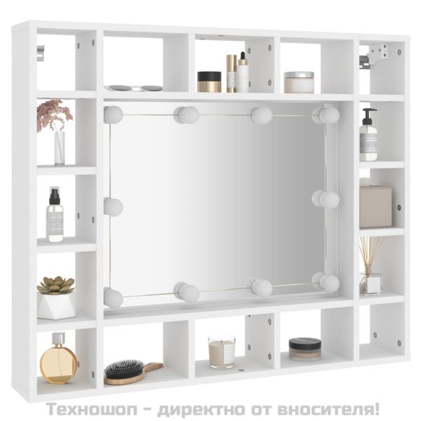 Огледален шкаф с LED, бял, 91x15x76,5 см
