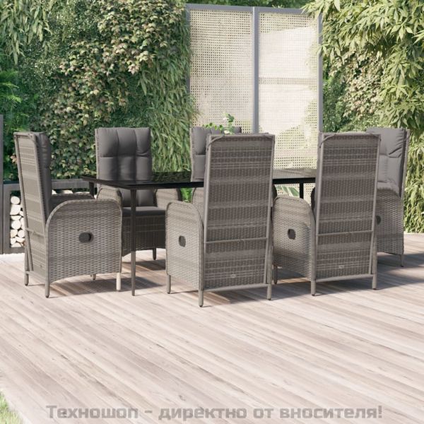 Градински трапезен комплект 7 части с възглавници сив полиратан