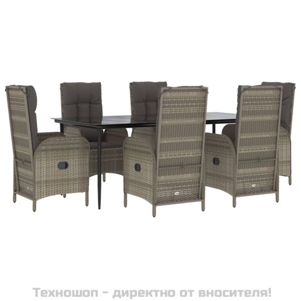Градински трапезен комплект 7 части с възглавници сив полиратан