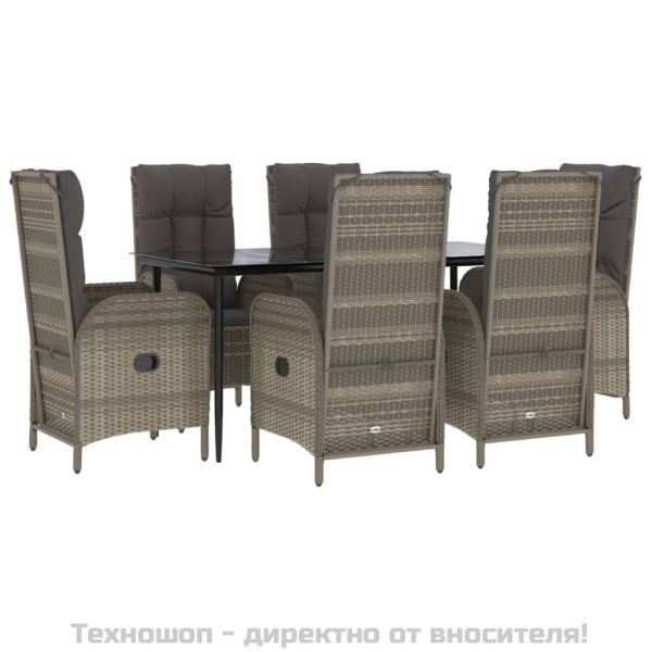 Градински трапезен комплект 7 части с възглавници сив полиратан