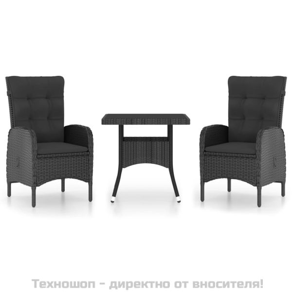 Градински трапезен комплект, 3 части, полиратан и стъкло, черен
