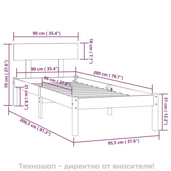 Рамка за легло, борово дърво масив, 90х200 см