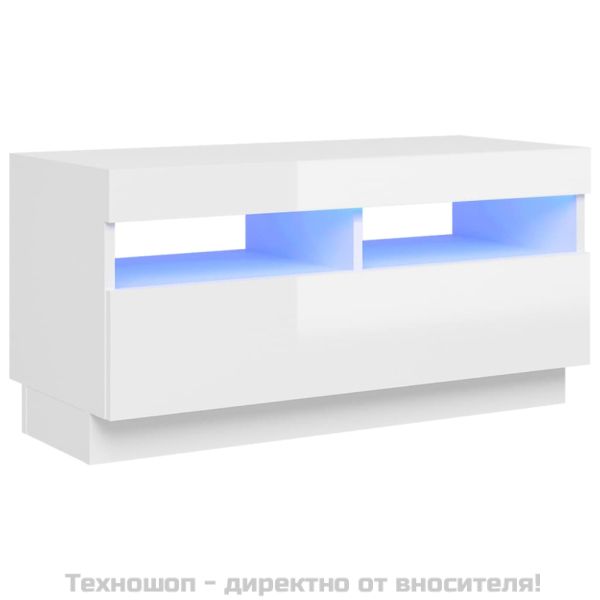 ТВ шкаф с LED осветление, бял гланц, 80x35x40 см