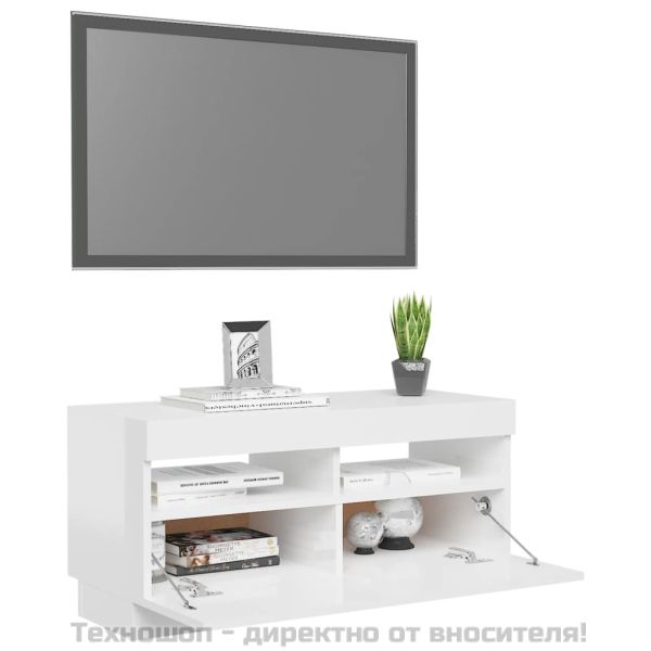 ТВ шкаф с LED осветление, бял гланц, 80x35x40 см