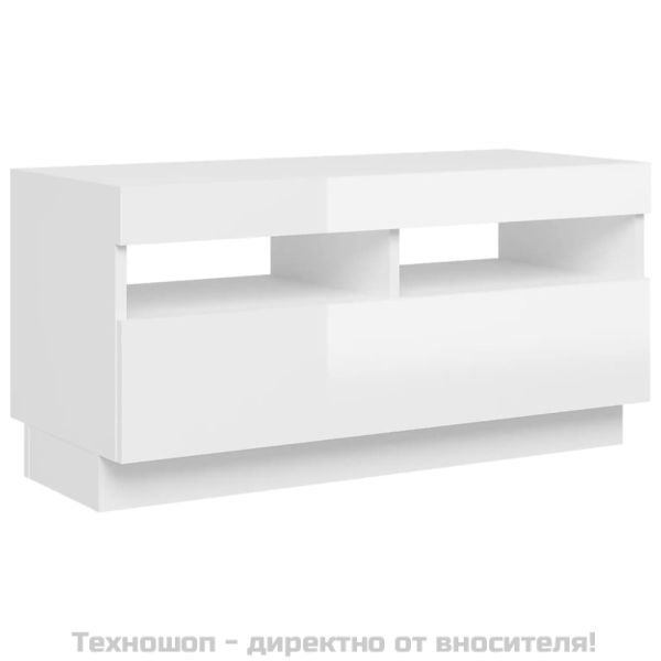 ТВ шкаф с LED осветление, бял гланц, 80x35x40 см