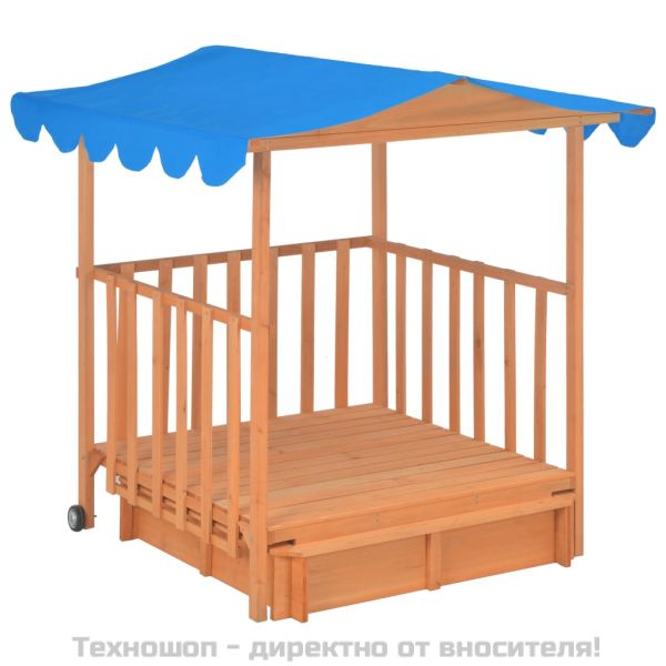 Детска къща за игра с пясъчник, чамова дървесина, синя, UV50