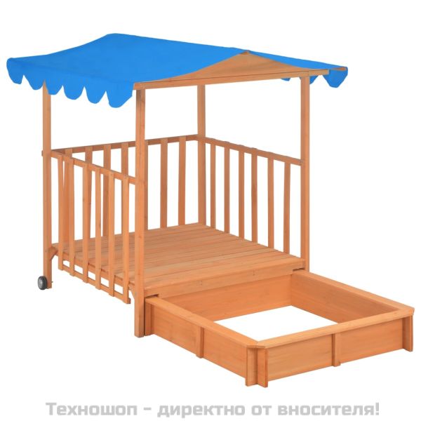Детска къща за игра с пясъчник, чамова дървесина, синя, UV50