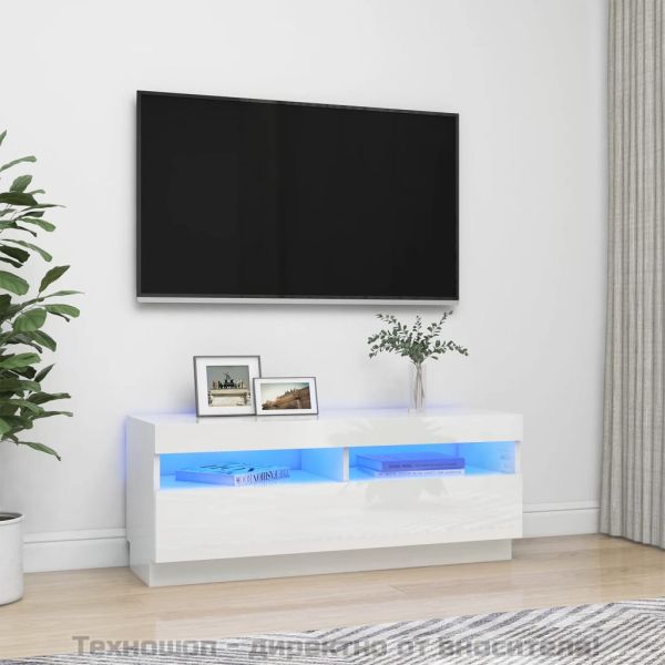 ТВ шкаф с LED осветление, бял гланц, 100x35x40 см