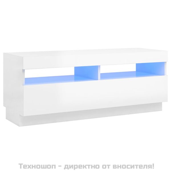ТВ шкаф с LED осветление, бял гланц, 100x35x40 см