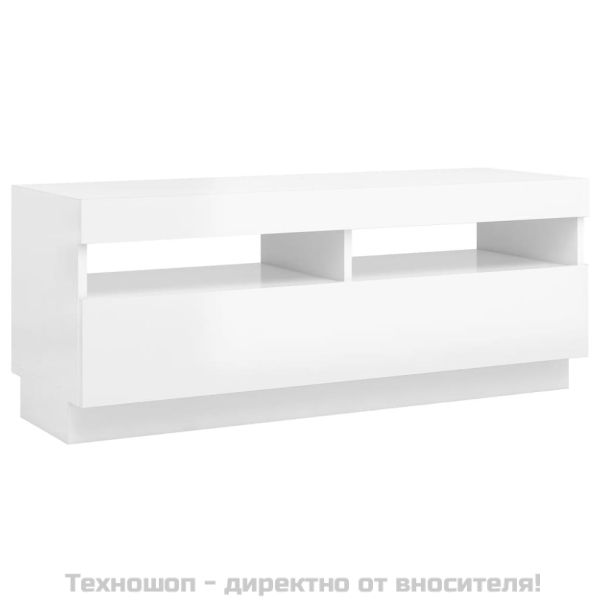 ТВ шкаф с LED осветление, бял гланц, 100x35x40 см