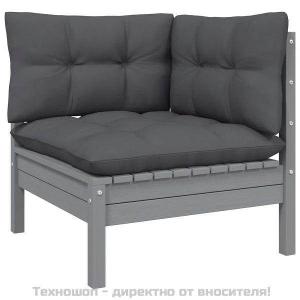 Градински 2-местен диван с възглавници, сив, бор масив