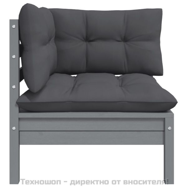 Градински 2-местен диван с възглавници, сив, бор масив