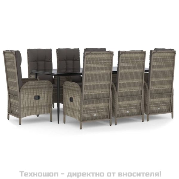 Градински трапезен комплект 9 части с възглавници сив полиратан