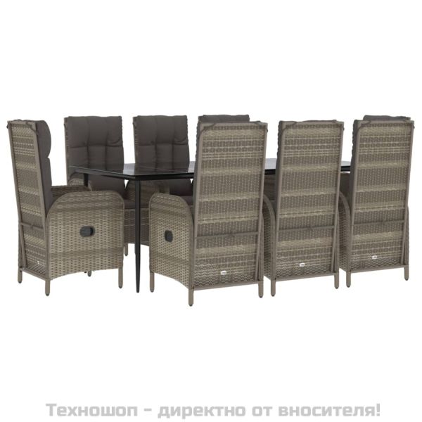 Градински трапезен комплект 9 части с възглавници сив полиратан