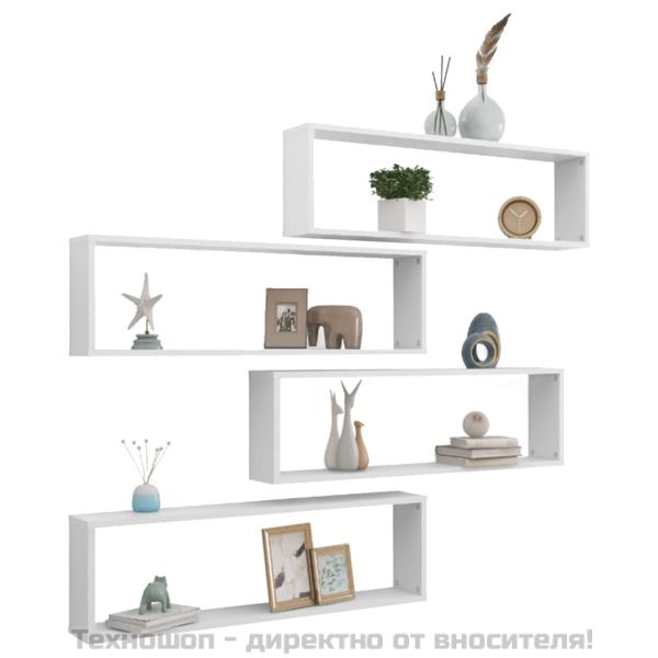 Стенни кубични рафтове, 4 бр, бели, 100x15x30см инженерно дърво