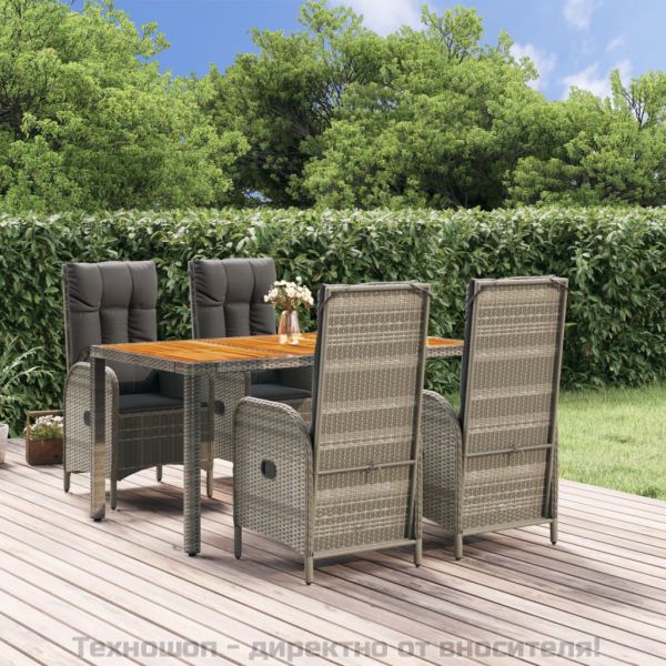 Градински трапезен комплект 5 части с възглавници сив полиратан