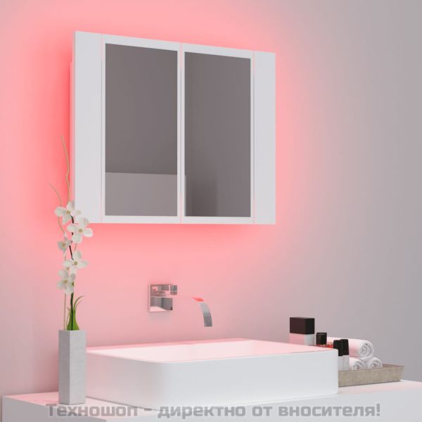 Шкаф с LED огледало за баня, бял, 60x12x45 см, акрил