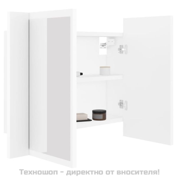 Шкаф с LED огледало за баня, бял, 60x12x45 см, акрил