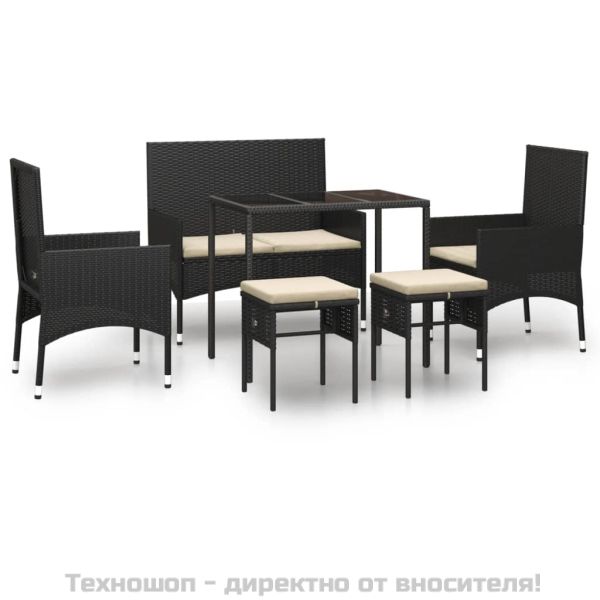 Градински комплект с възглавници, 6 части, черен, полиратан