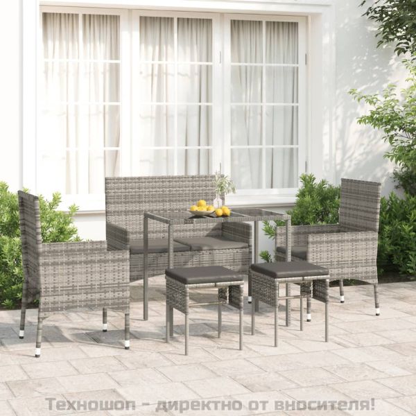 Градински комплект с възглавници, 6 части, полиратан, сив